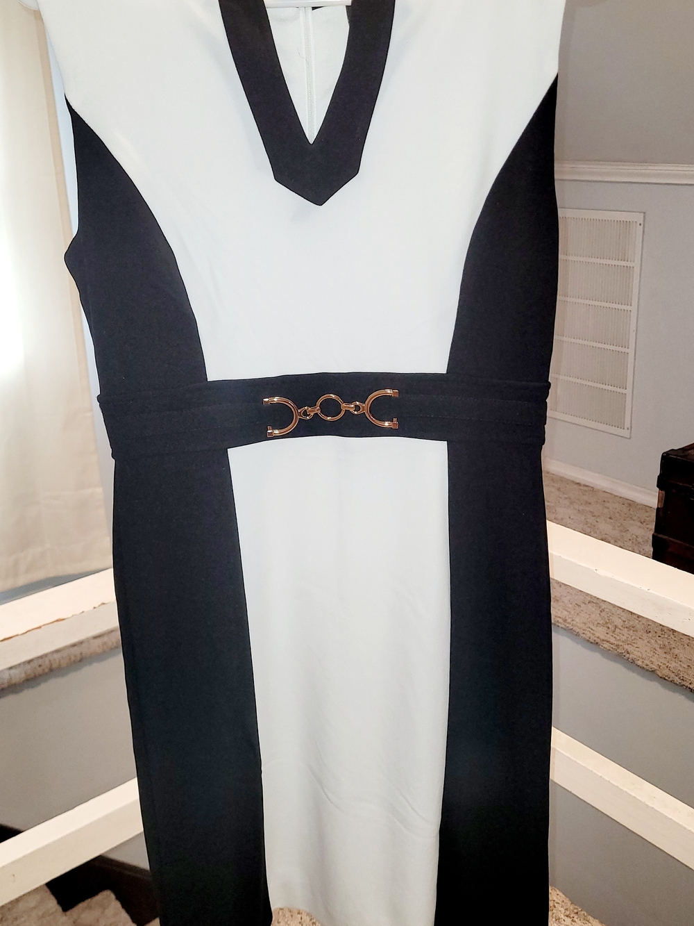 Tahari Black and White Colorblock Midi Dress with Gold Accent - Picture 2 of 6